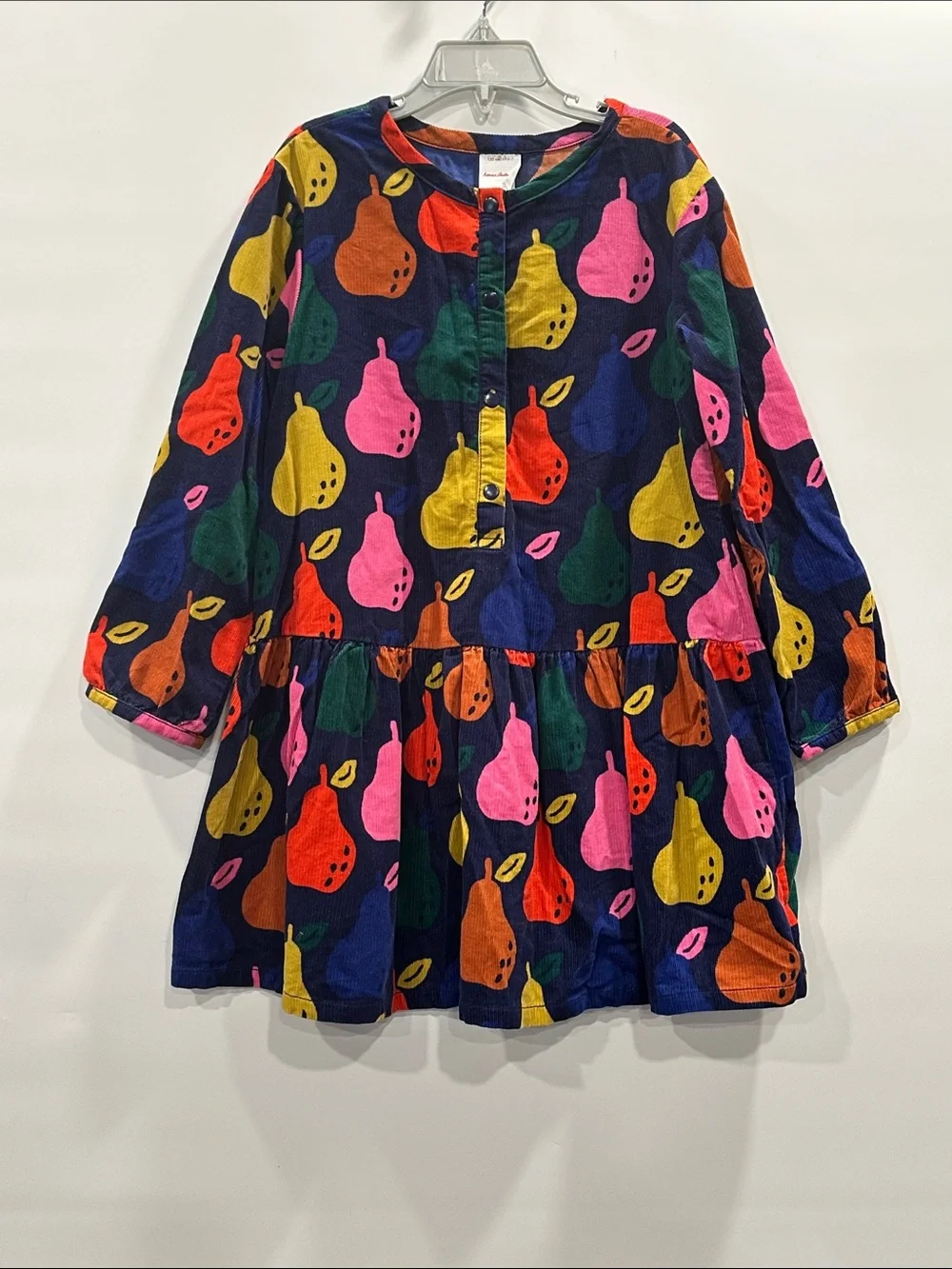 Hanna Andersson Corduroy Dress Long Sleeve Navy Colorful Pear Print Size 120 6/7